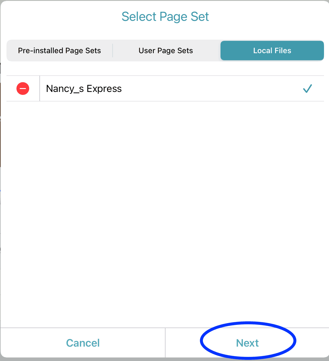 Screenshot of “Select Page Set” screen with “Nancy_s Express” selected and the “Next” button highlighted.