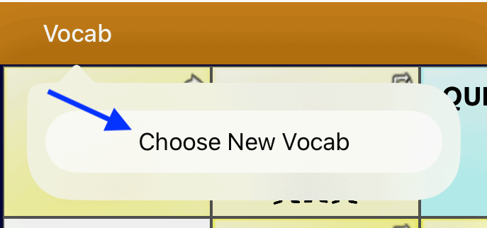 Screenshot of TouchChat with “Choose New Vocab” highlighted, indicating selection of a vocabulary file.