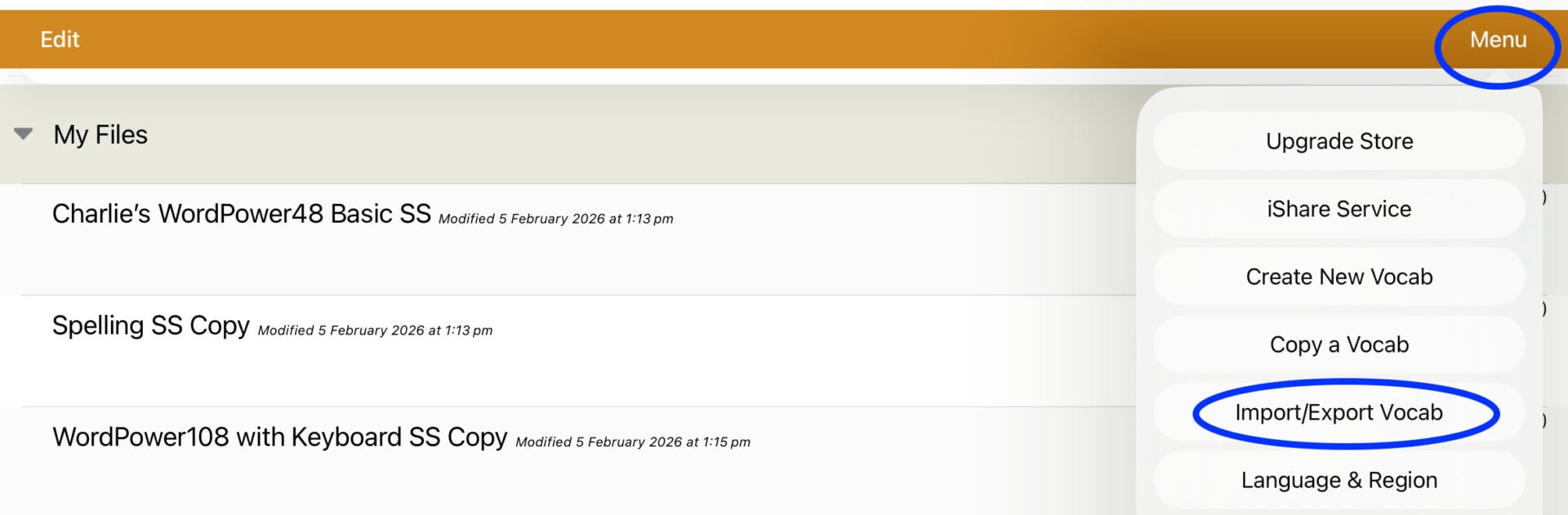 Screenshot of TouchChat with the Menu open in the top right corner and “Import/Export Vocab” highlighted, used to access options for importing and exporting vocabulary files.