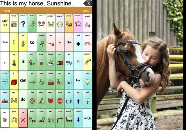 A screenshot of the AAC app TouchChat HD with WordPower including a split screen with a photo of a girl standing next to a horse.