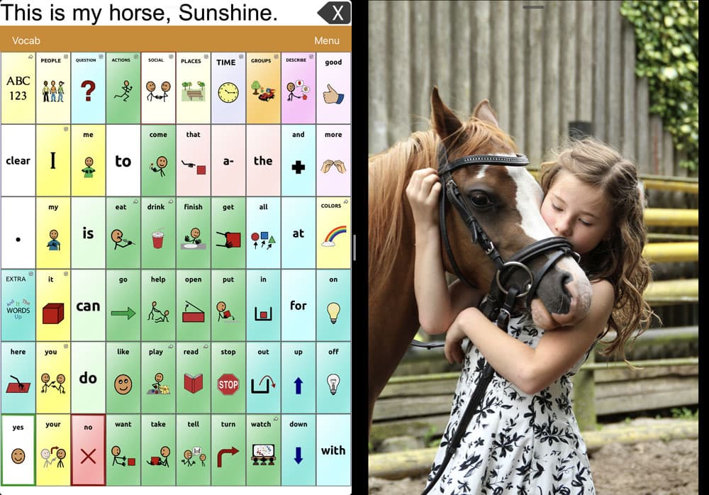 A screenshot of the AAC app TouchChat HD with WordPower including a split screen with a photo of a girl standing next to a horse.
