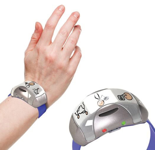 GoTalk Go Wearable AAC device shown worn on the wrist and as a standalone device. The compact device features picture symbols for quick access to pre-recorded messages and has a blue wrist strap.